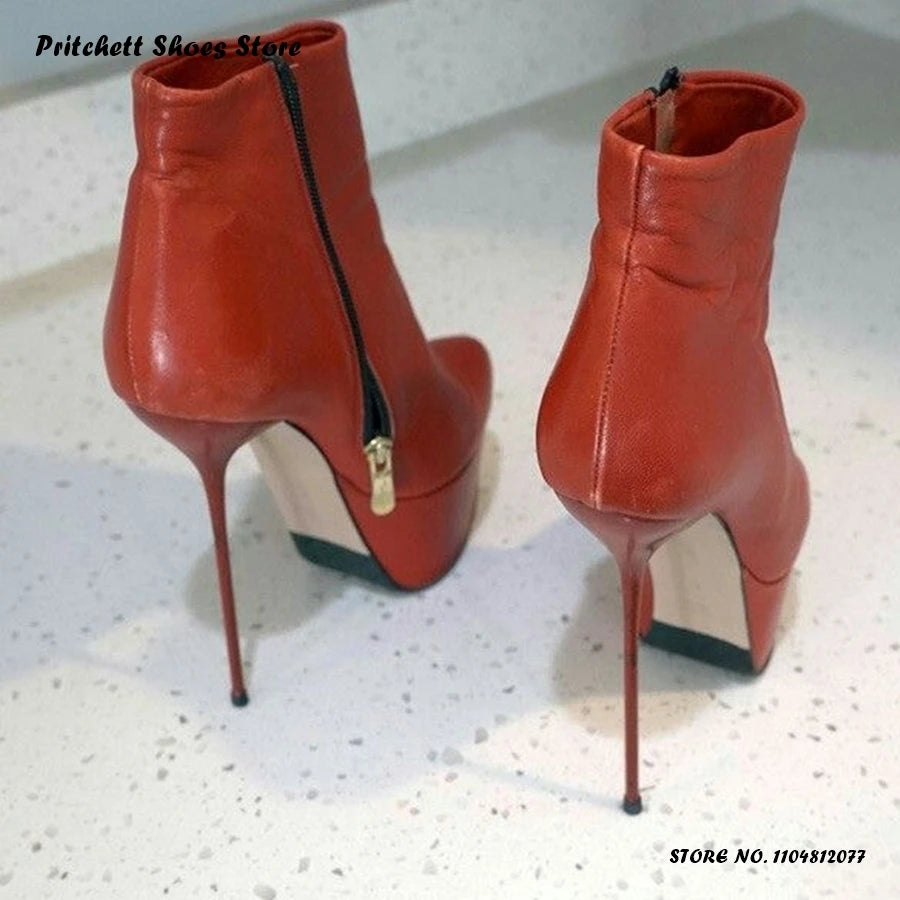 Women's Red Platform Stiletto Booties Spring Autumn Sexy Solid Zipper Ankle Boots Round Toe Thin Heels Trending Party Footwear