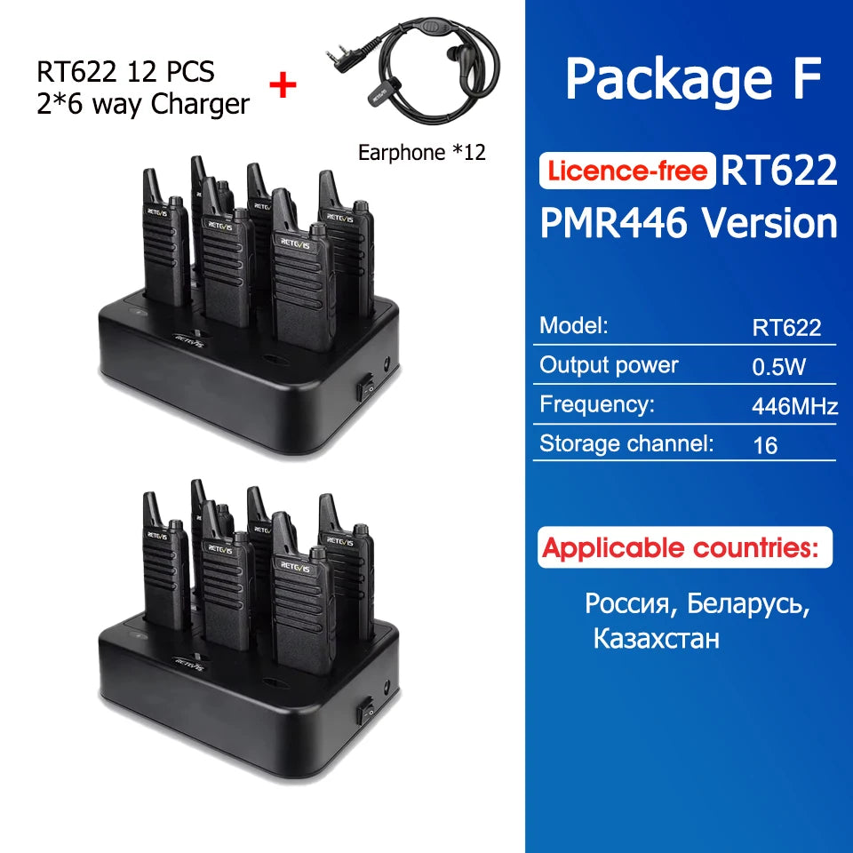 Retevis RT622 Mini Walkie Talkie 12Pcs PMR446 FRS License-free Rechargeable Two-way Radio Walkie-talkies for Hotel Restaurant