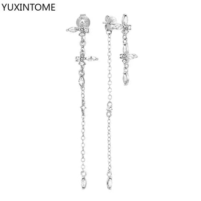 925 Sterling Silver Needle Long Chain Stud Earrings For Women Exquisite Zircon Geometric Tassel Pendant Earrings Luxury Jewelry