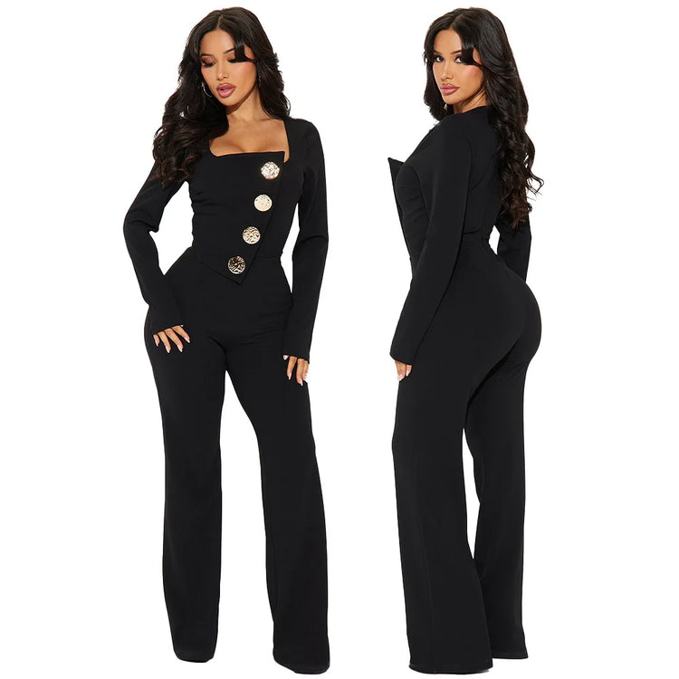 CM.YAYA Elegant Button Long Sleeve Irregular Girl Jumpsuits 2025 Spring Women's Overalls Outfits Night Club Streetwear One Piece