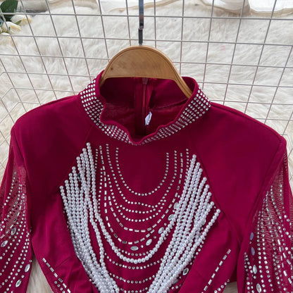 Chic vintage rhinestone slim long sleeve Elegant Fairy korean fashion autumn Sundress women clothing