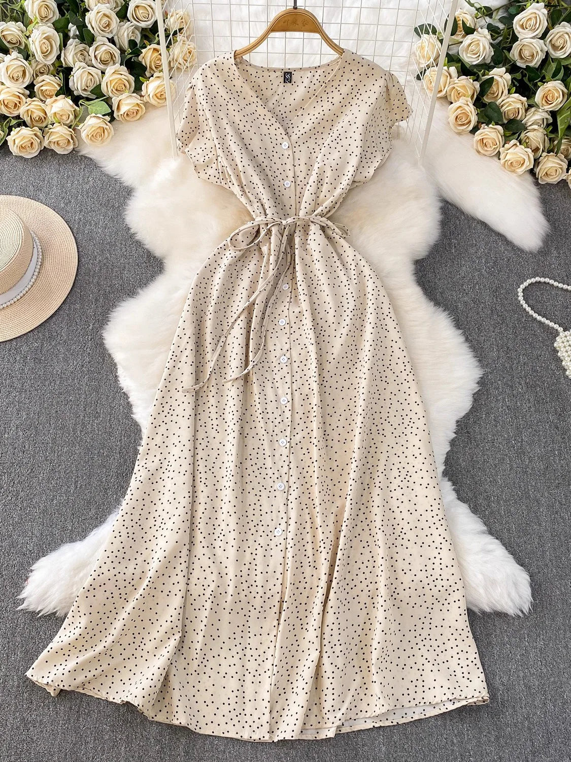 Summer Women Polka Dot Long Dress Vintage V-Neck Flying Sleeve High Waist Single Breasted A-Line Casual Vestidos Female Robe New