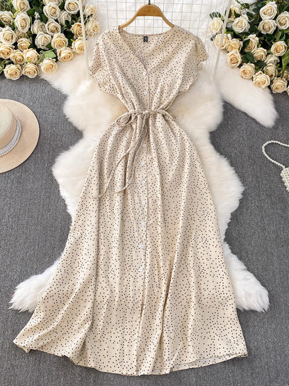 Summer Women Polka Dot Long Dress Vintage V-Neck Flying Sleeve High Waist Single Breasted A-Line Casual Vestidos Female Robe New