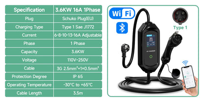 AFYEEV 3600W Portable Type2 IEC62196-2 EV Charger Type1 SAE J1772 Electric Car Charger GBT EVSE Charging Cable Wallbox EU Plug