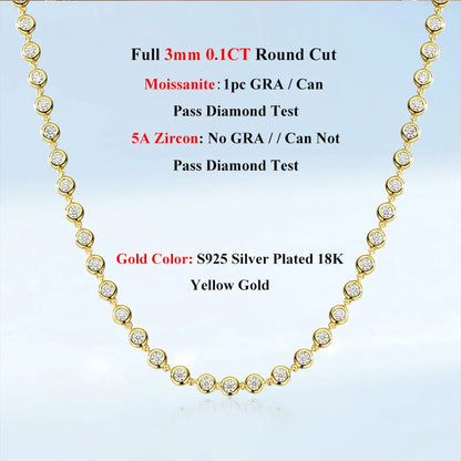EWYA Round Bubble Full 3mm 0.1CT D Color Moissanite Tennis Chain for Women 925 Silver GRA Certified 16 18 20 inch Bezel Necklace