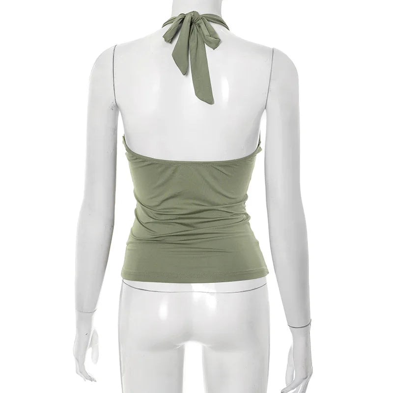 Women'S Solid Color Hanging Neck Tie Hollow Out Metal Ring Strapless Backless Tank Top Summer New Fashion Street Tank