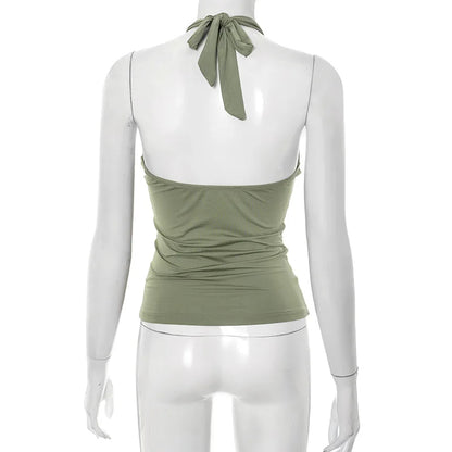 Women'S Solid Color Hanging Neck Tie Hollow Out Metal Ring Strapless Backless Tank Top Summer New Fashion Street Tank