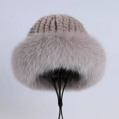 Women's Winter Warm Genuine Premuim Mink Fur Knitted Bucket Hat Furry Real Fur Caps Big Fox Fur Trim Brim Adjustable
