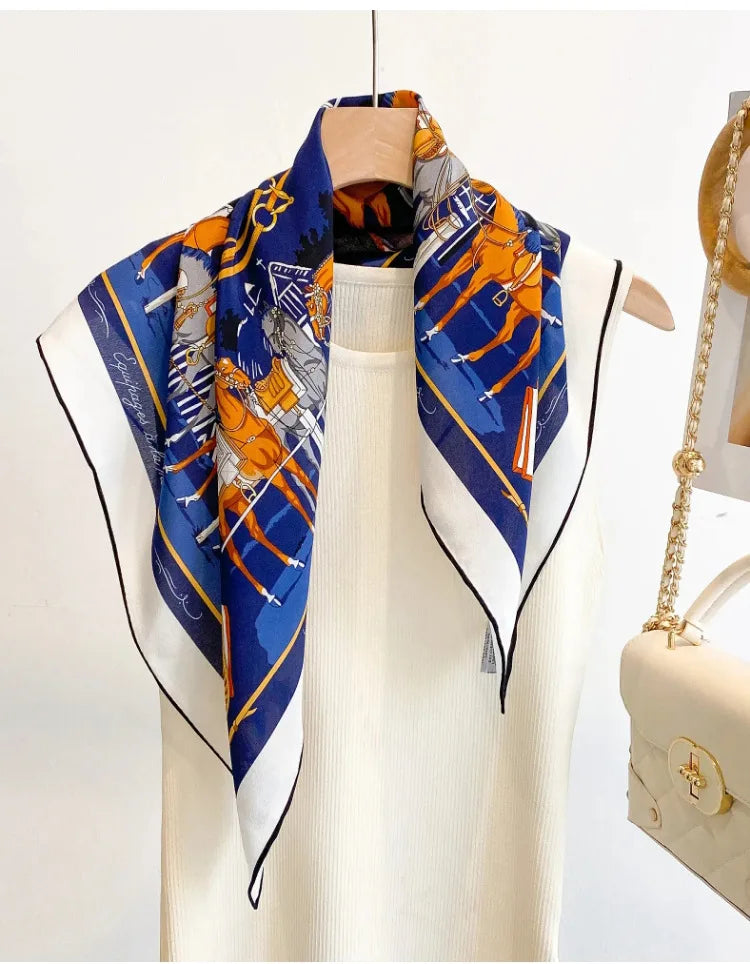 100% Mulberry Silk Square Scarf Vintage Equestrian Horse Saddle Print Bandana Unisex Neck Head Wrap Office Travel Holiday Gift