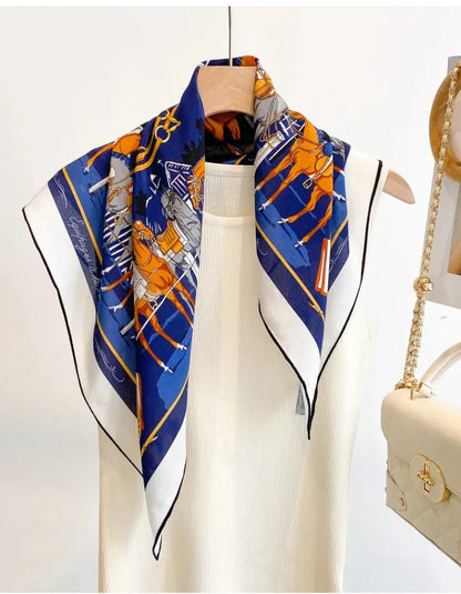 100% Mulberry Silk Square Scarf Vintage Equestrian Horse Saddle Print Bandana Unisex Neck Head Wrap Office Travel Holiday Gift
