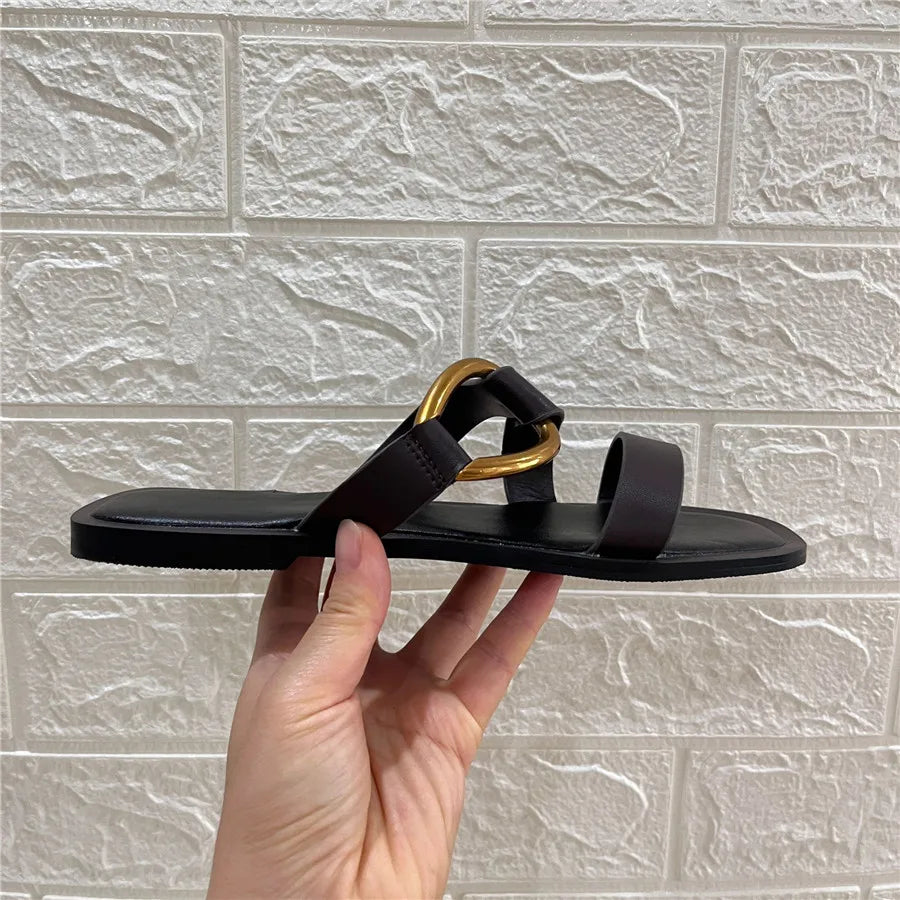 Metal Ring Summer Half Slippers Women Flat Beach Shoes Casual Outside Slides Black Designer Gladiator Sandals Luxury Footwear