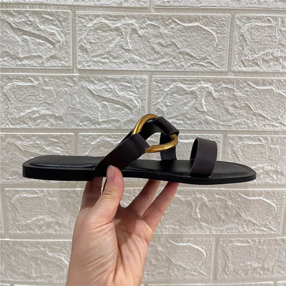 Metal Ring Summer Half Slippers Women Flat Beach Shoes Casual Outside Slides Black Designer Gladiator Sandals Luxury Footwear