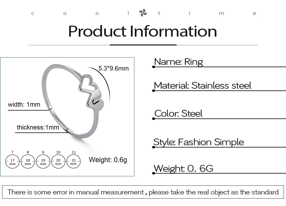 COOLTIME Initial Letter Ring for Women Stainless Steel A-Z Alphabet Double Heart Rings Simple Wedding Cheap Gift For Lover