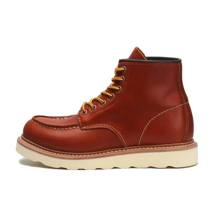 Men's Goodyear-Welted Vintage Genuine Leather Mid-calf Motorcycle Boots Round toe Casual Punk Dress Boots Work Shoes Western Red