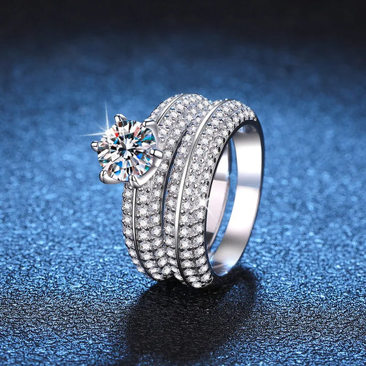 Women's PT950 Platinum Double Band Ring, High-Precision Craftsmanship, 1 Carat Moissanite Ring Set
