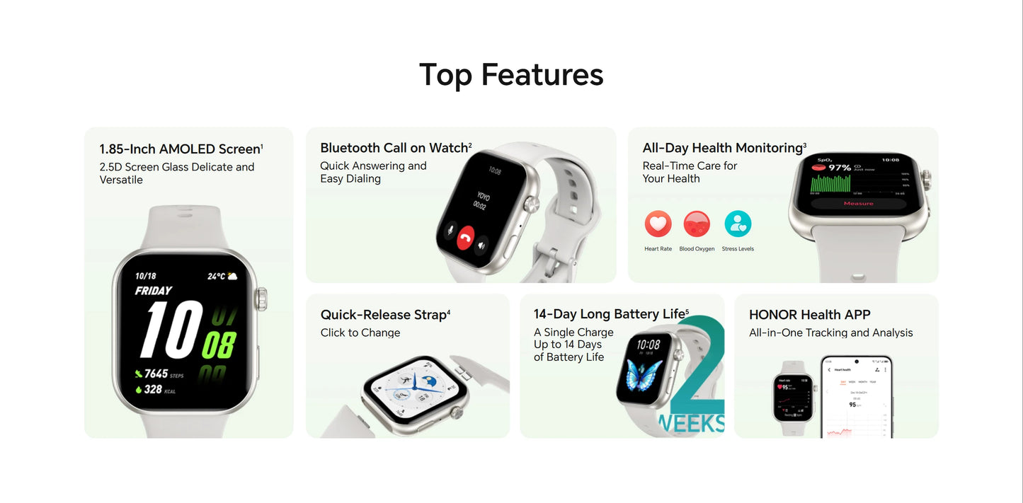 HONOR CHOICE Watch 2i Global Version 14-Day Long Battery life 1.85" AMOLED Screen Smart Watch Bluetooth Call on Watch