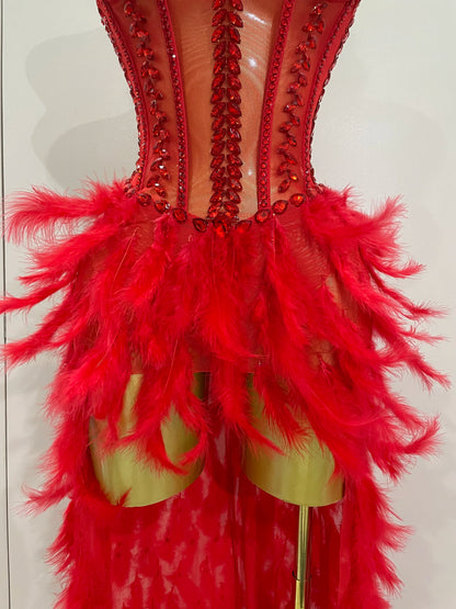 Luxury Sparkly Rhinestones Feathers Long Tail Dress Sexy Mesh Transparent Stage Bodysuit Evening Party Celebrate Birthday Dress