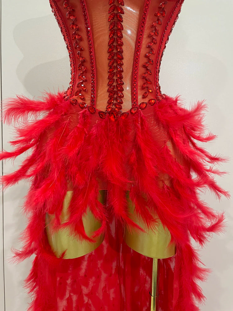 Luxury Sparkly Rhinestones Feathers Long Tail Dress Sexy Mesh Transparent Stage Bodysuit Evening Party Celebrate Birthday Dress