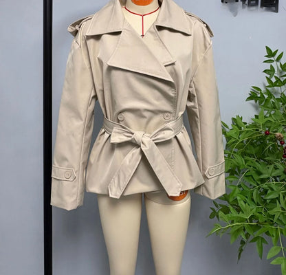 Aliexpress's Best-selling Cross-border European and American Style Women's Solid-color Belted Short Jacket Trench Coat Fashion