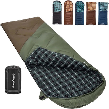 KingCamp Sleeping Bag for Adults, Cold Weather XL Big & Tall (74.8"x33.1" Fits 6.6ft), Cotton Flannel Lining & 300g/㎡ Hollow Fiber Fill (Comfort 44.6°F), Lightweight with Compression Sack, 2-Way Zipper for Couples, Outdoor
