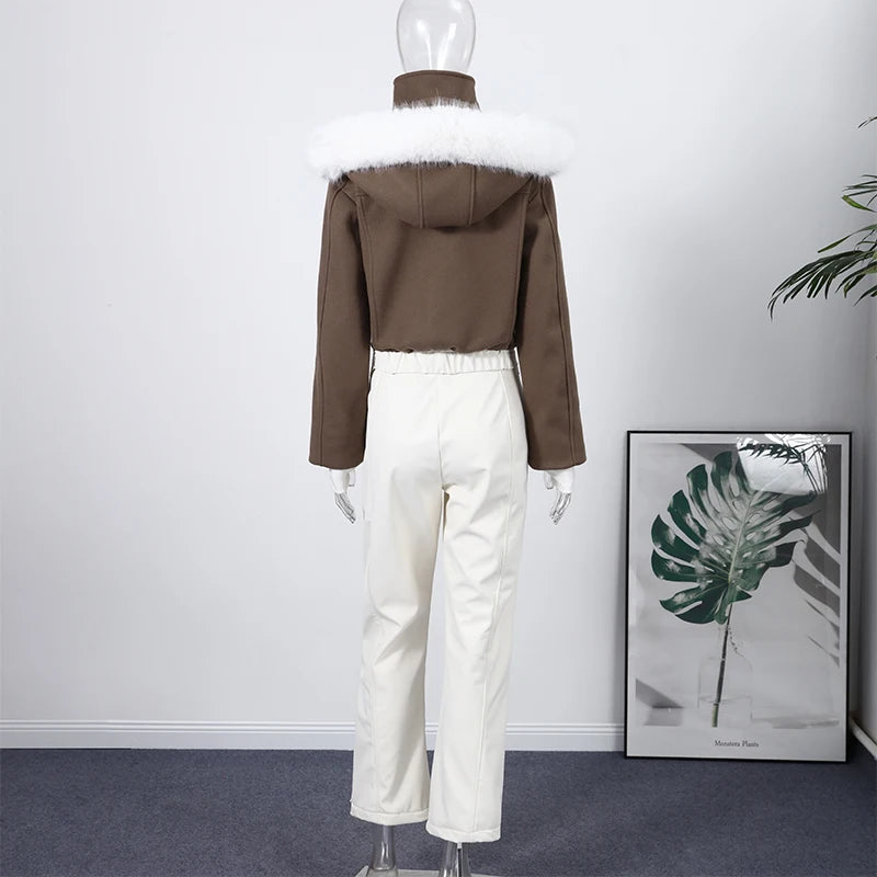 Fashion Hooded One-Piece Ski Jumpsuit Women Stand Collar Zipper High Waist Solid Windproof Outwear 2026 Winter Lady Skiwears New