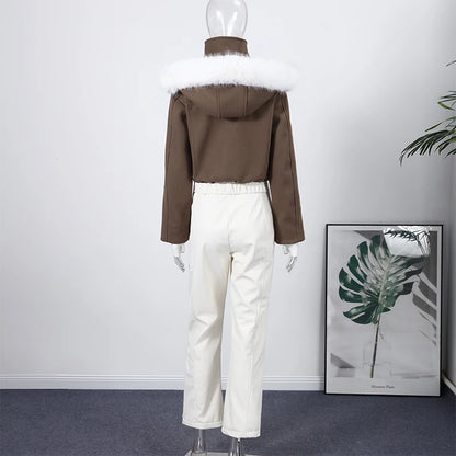 Fashion Hooded One-Piece Ski Jumpsuit Women Stand Collar Zipper High Waist Solid Windproof Outwear 2026 Winter Lady Skiwears New