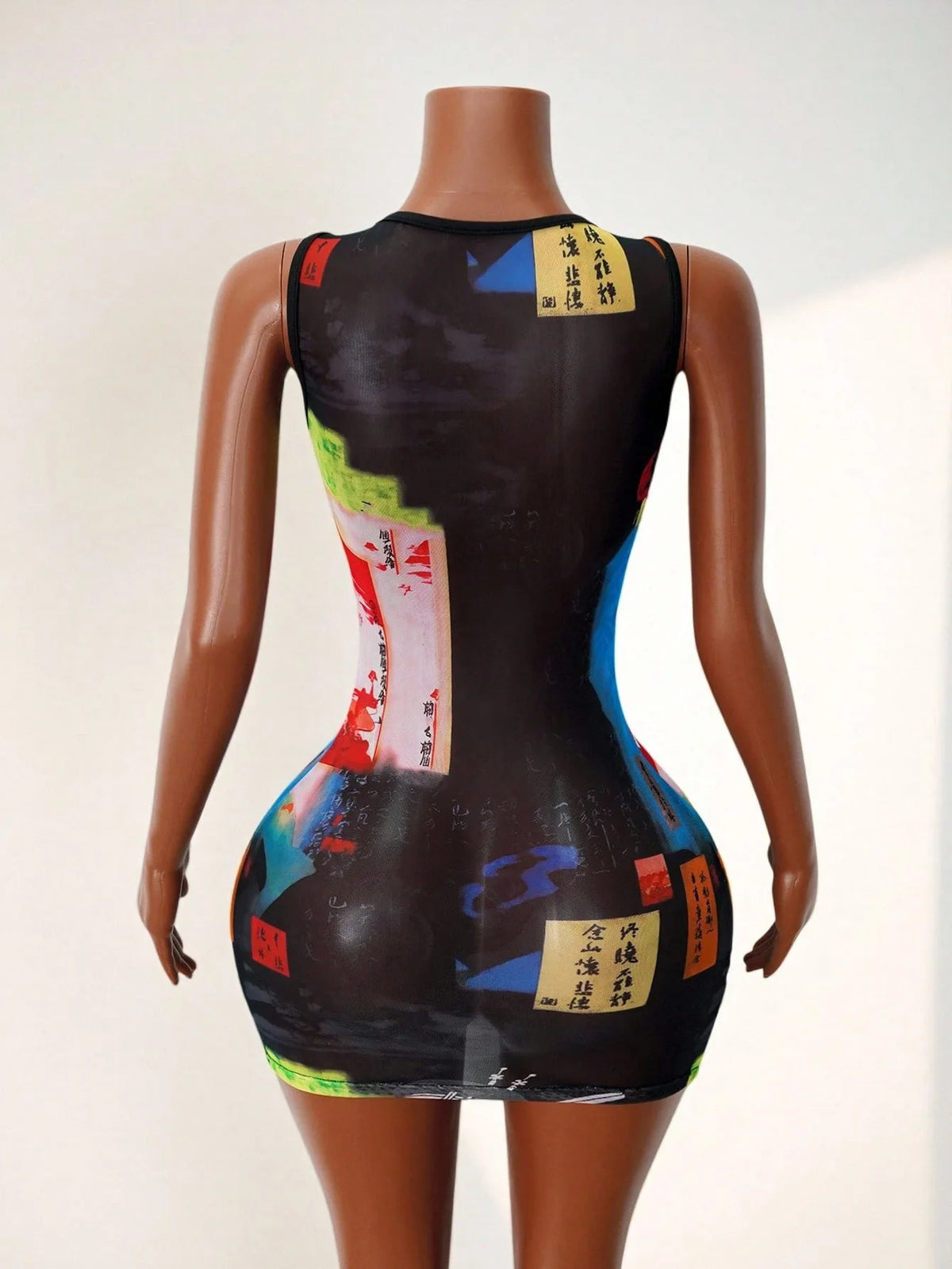 Japanese Geisha Print Mesh Bodycon Dresses Women Sleeveless See Through Sheer Streetwear Club Party Sexy Slim Fit Tank Dress
