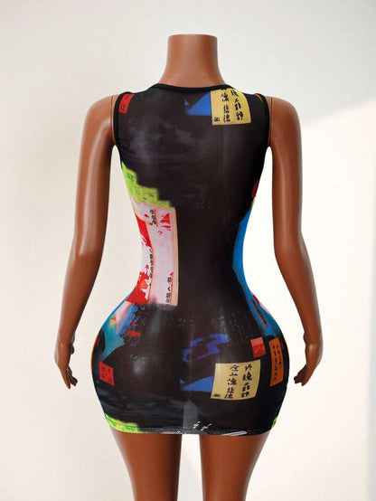 Japanese Geisha Print Mesh Bodycon Dresses Women Sleeveless See Through Sheer Streetwear Club Party Sexy Slim Fit Tank Dress