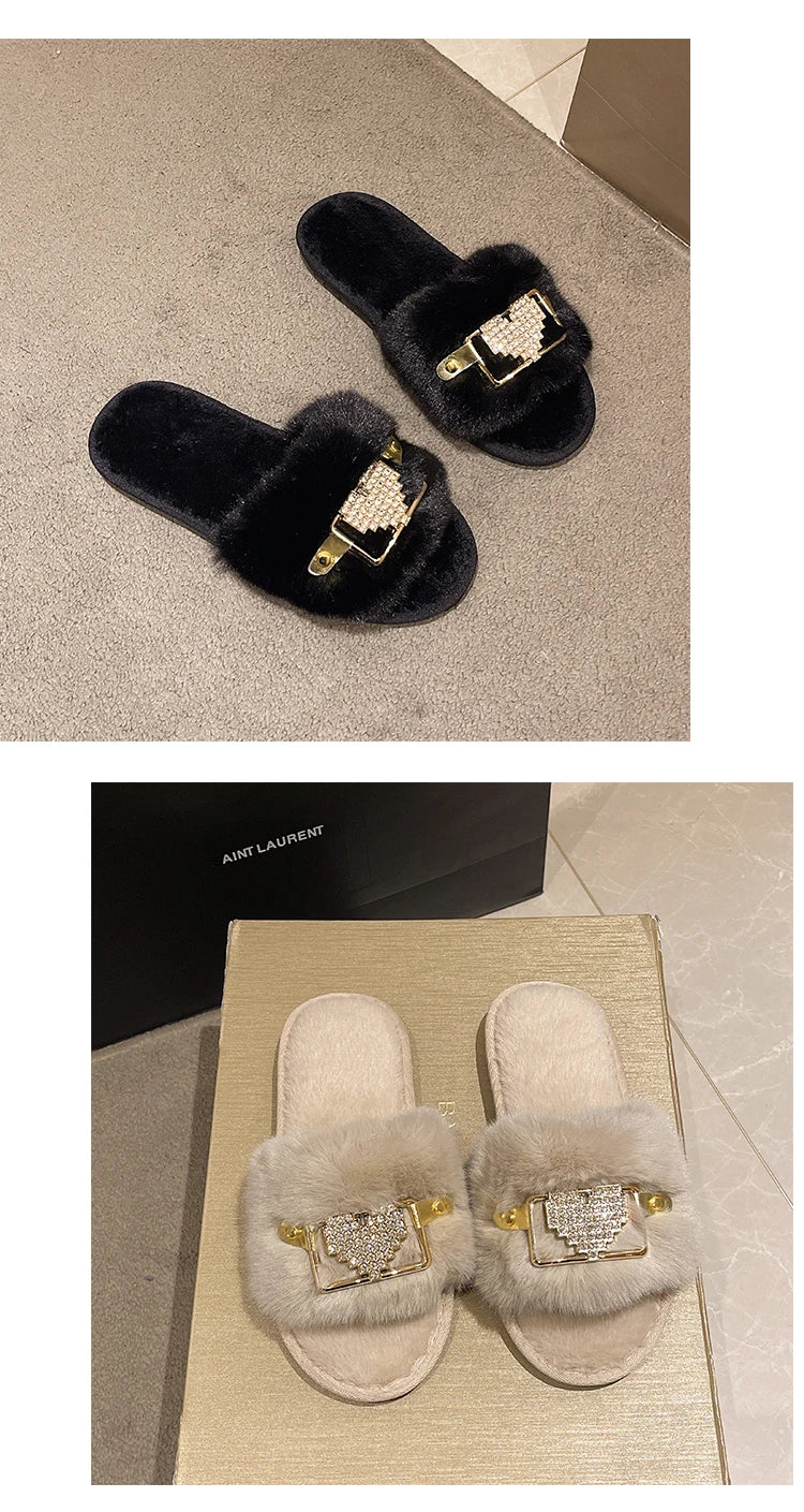 Love Chain Fluffy Women's Slippers Home Fashion Luxury Designer Shoes Woman Autumn Winter Faux Fuzzy Fur Slides Indoor Elegant