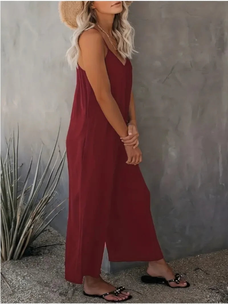 Plus Size Women's 1XL-5XL Fashionable Solid Color Jumpsuit Ladies Casual Suspender V-neck Casual Loose Elegant Jumpsuit