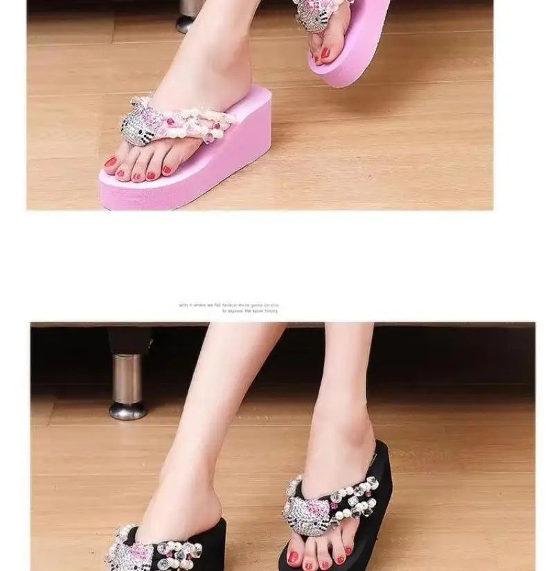 Sanrio Hello Kitty Y2K Soft Flip Flop Sandals Beach Slides Shoes Women Casual Wedge High Heels Platform for Slippers Ladies Gift