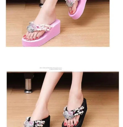 Sanrio Hello Kitty Y2K Soft Flip Flop Sandals Beach Slides Shoes Women Casual Wedge High Heels Platform for Slippers Ladies Gift