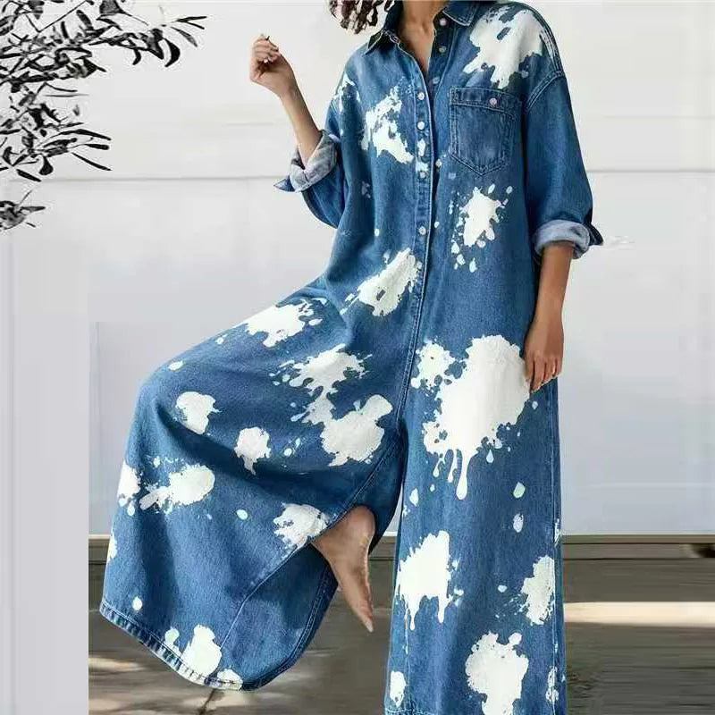 Red Heart Print Wide Leg Jumpsuits Woman Turn-down Collar Button Shirt Rompers Spring Long Sleeve Loose Imitation Denim Overalls