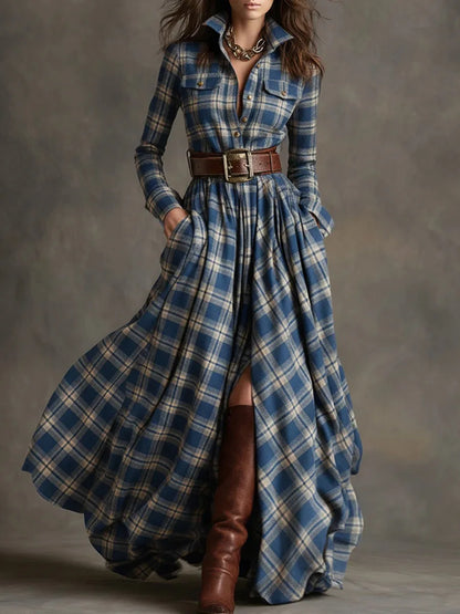 Autumn Vintage Long Sleven Dress for Women Plaid Print Shirt Maxi Dress Vacation Female Elegant Belt Loose Pocket A-line Dresses