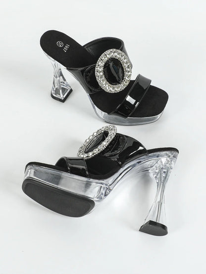 2025 New Women's Slippers Designer Luxury Rhinestone Square Toe Platform Sandals Summer 12CM Shoes For Ladies Clear High Heels