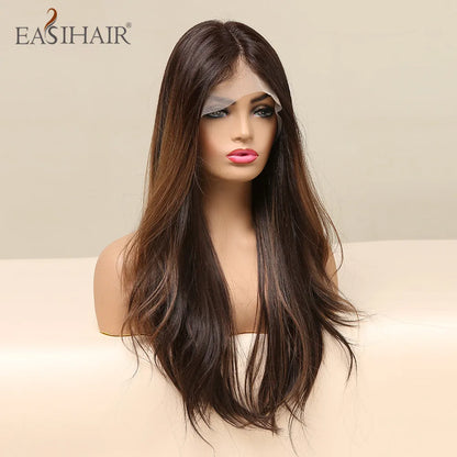 EASIHAIR Lace Front Hair Wigs Brown Long Straight Synthetic Lace Wigs for Black Women Daily Cosplay Party Heat Resistant Fibers