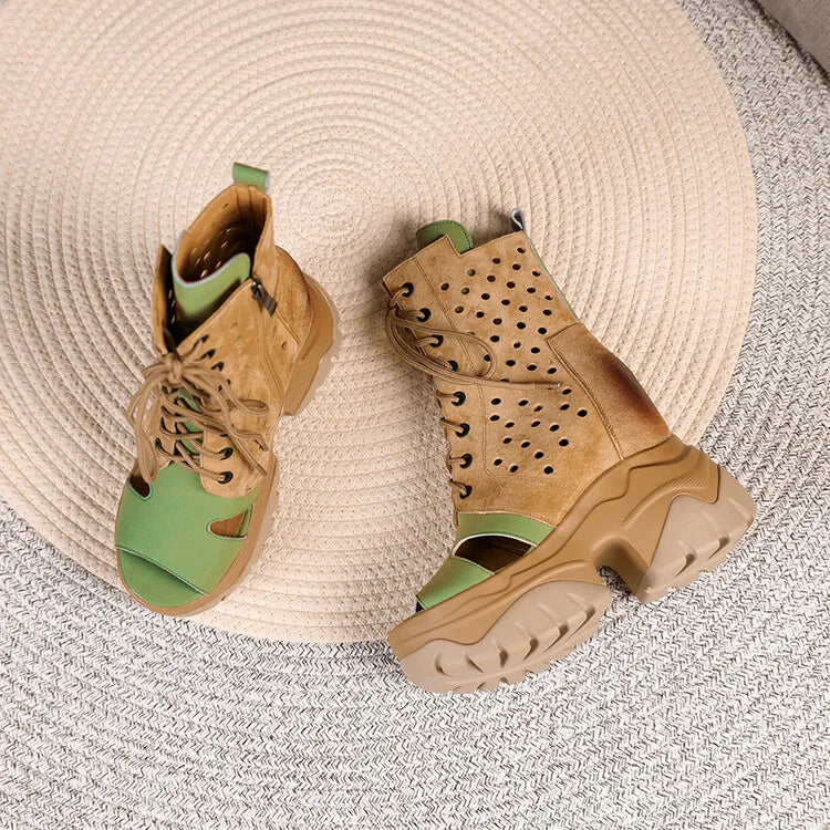 Women's Peep Toe Wedge Boots Summer Hollow Out Lace Up Side Zipper Platform Wedge Heel Breathable Fashion Retro Casual Shoes