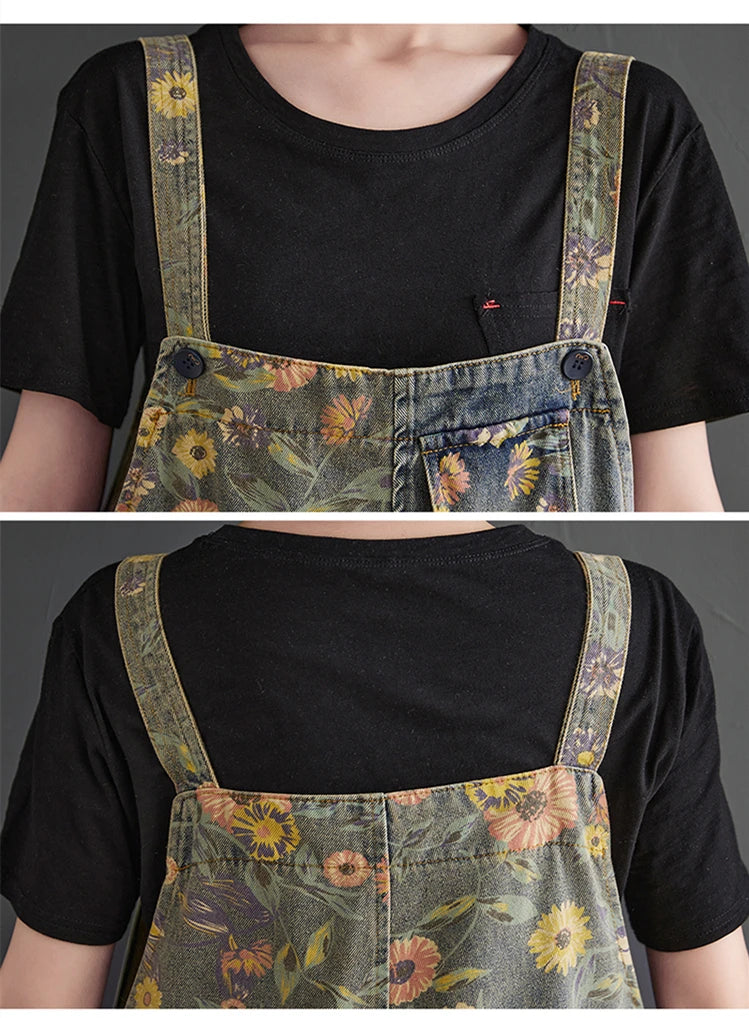 Casual Oversized Print Floral Denim Overalls For Women Loose Wide Leg Mom Jeans Rompers And Jumpsuit Cargo Straps Baggy Pants