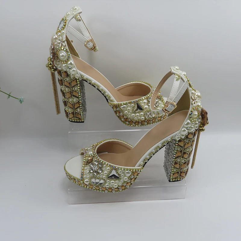 Luxury cyrstal wedding shoes with matching bags woman fashion Thick heel Women party dress shoes Fish beak Women shoes