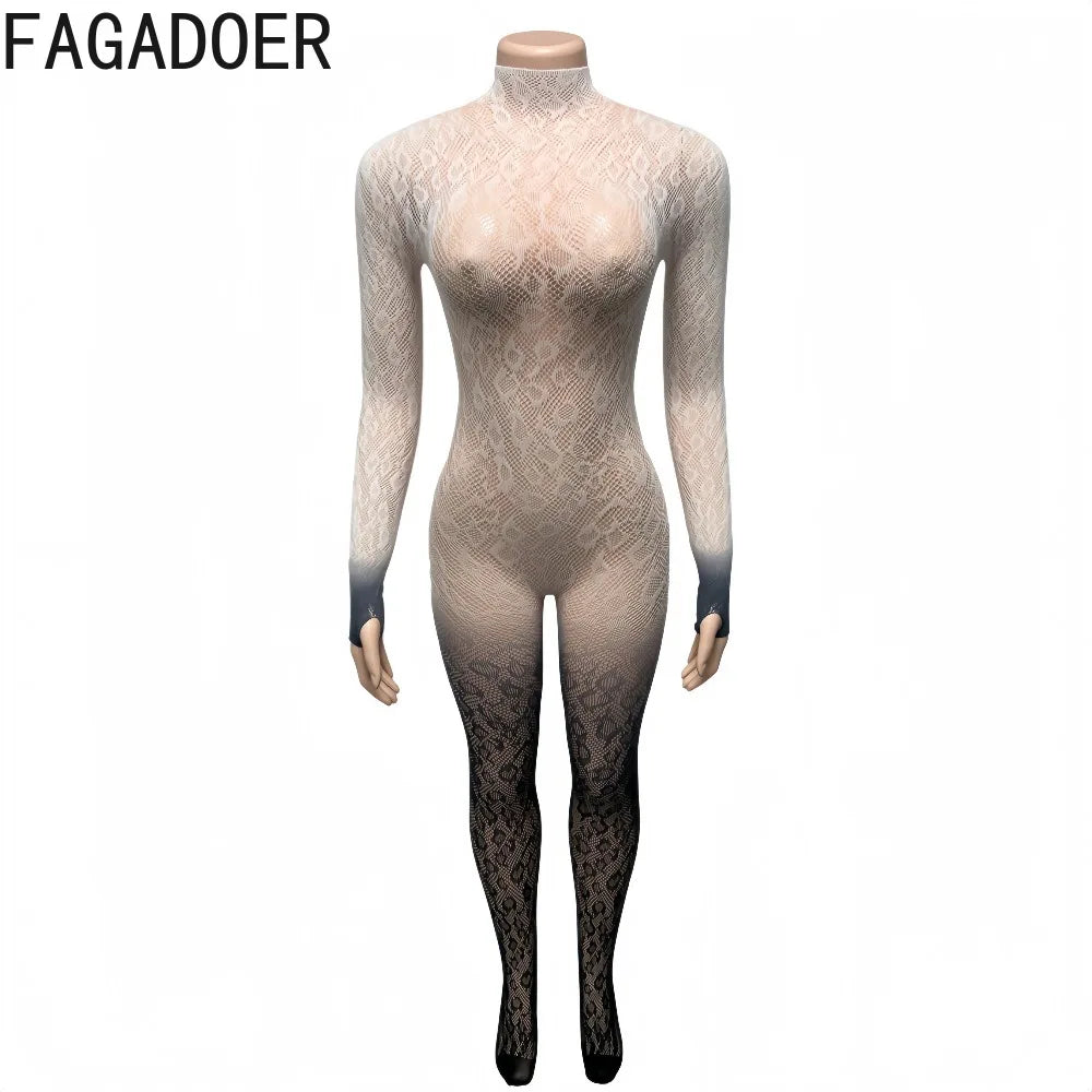 FAGADOER Sexy Lace Hollow-out Patchwork Bodycon for Jumpsuits Woman Gradient See Through Rompers Female Party Clubwear Overalls