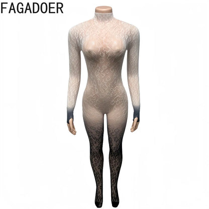 FAGADOER Sexy Lace Hollow-out Patchwork Bodycon for Jumpsuits Woman Gradient See Through Rompers Female Party Clubwear Overalls