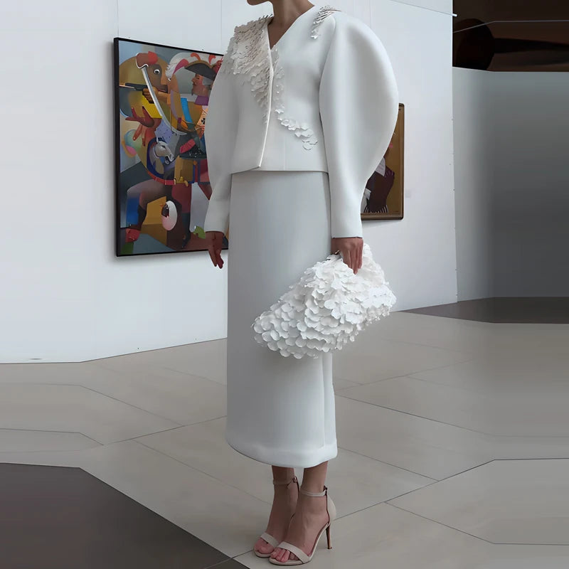 Elegant V-neck Coat & Half Skirts Outfits Women Casual Puff Sleeve Long Skirt Suits Fashion Petals Decoration Solid 2 Piece Sets