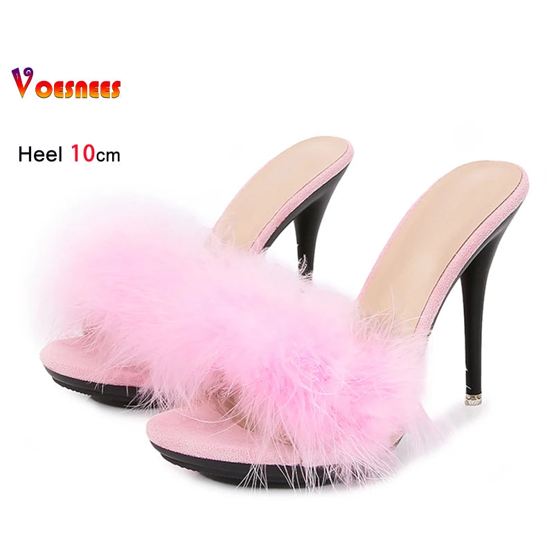10CM Thin High Heel Summer Furry Slippers For Ladies Mules Fashion Fluffy Fur Slides Sandals 2025 New Brand Women's Party Shoes