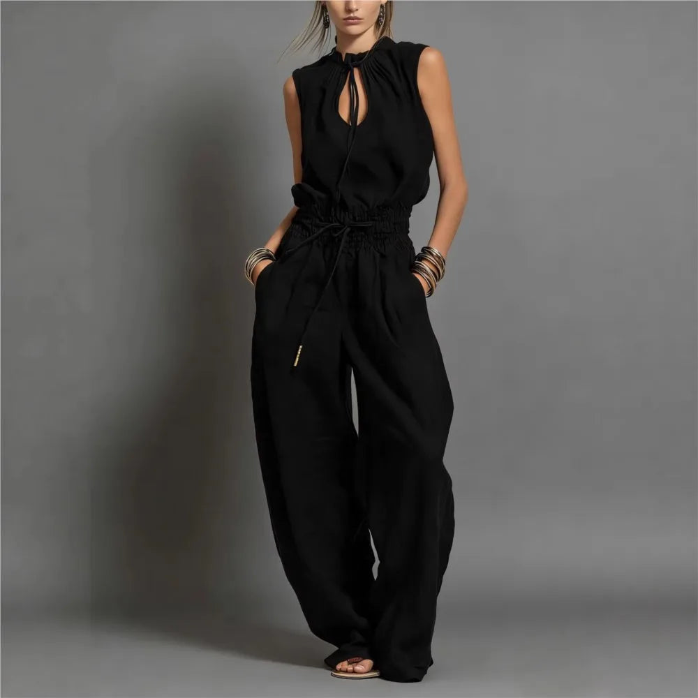 Summer Fashion Elastic Waisted Wide Leg Jumpsuit Women's Sleeveless Sexy Deep V-Neck Lace-up Loose Pockets Female Rompers 2026