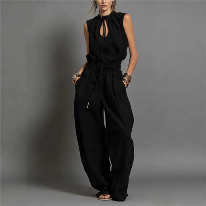 Summer Fashion Elastic Waisted Wide Leg Jumpsuit Women's Sleeveless Sexy Deep V-Neck Lace-up Loose Pockets Female Rompers 2026