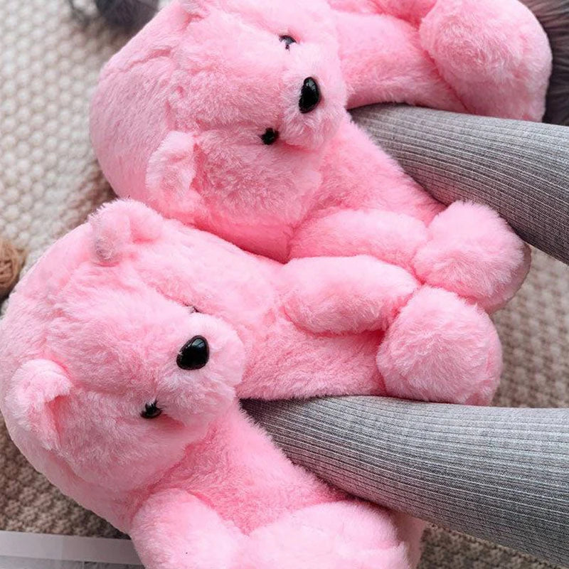 Cute Teddy Bear Plush Winter Slippers, Wrapped Heel Funny Indoor Floor Shoes, Women Gift, Warm Soft Cartoon Fluffy Animal Slippe