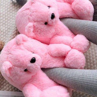 Cute Teddy Bear Plush Winter Slippers, Wrapped Heel Funny Indoor Floor Shoes, Women Gift, Warm Soft Cartoon Fluffy Animal Slippe