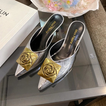 Women High Heels Slippers Summer New Luxury Fashion Gold Flower Decoration Modren Sandals Ladies Pointed Toe Mules Shoes Slides