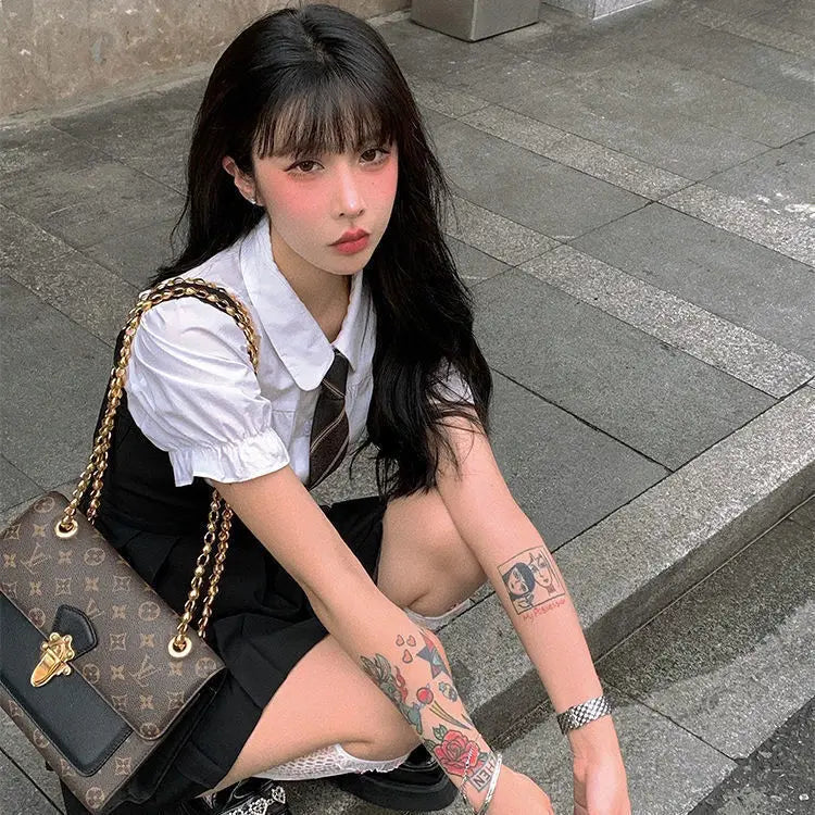 2025 korea japan style female summer fashion style jk uniform halter pleated skirt bubble short sleeve shirt two piece sets g823