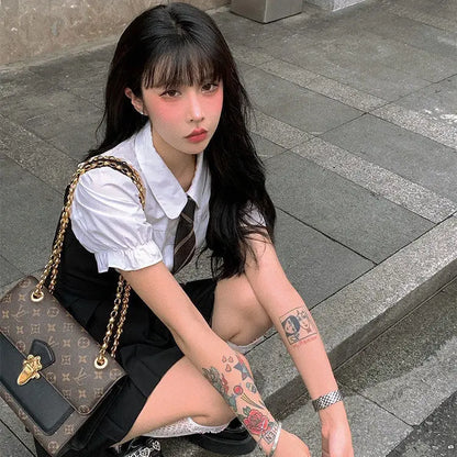 2025 korea japan style female summer fashion style jk uniform halter pleated skirt bubble short sleeve shirt two piece sets g823